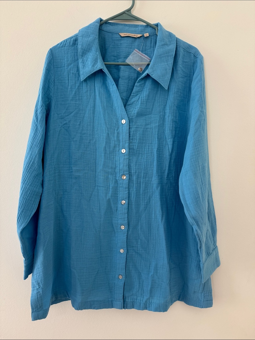 Soft Surroundings Aqua blue Collared, Long-Sleeve Button-Up Shirt L